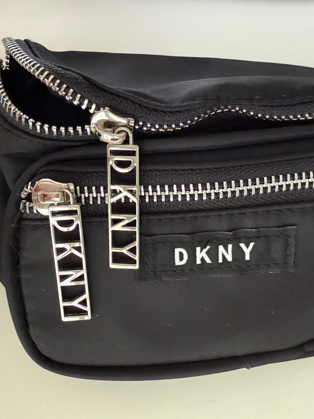 DKNY Black Nylon Belt Bag with Silver Logo Zippers